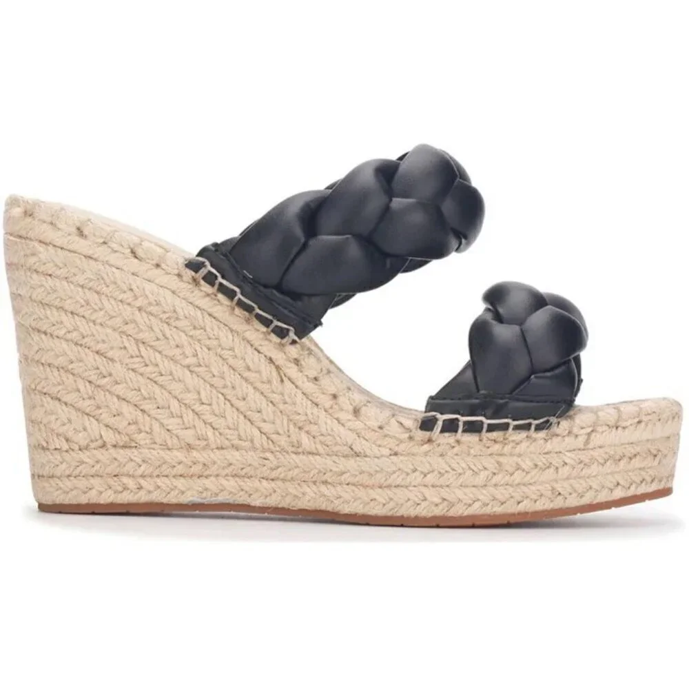 NWT NIB Kenneth Cole Olivia Braid Braided Open Toe Wedge Sandals Black Size 8.5